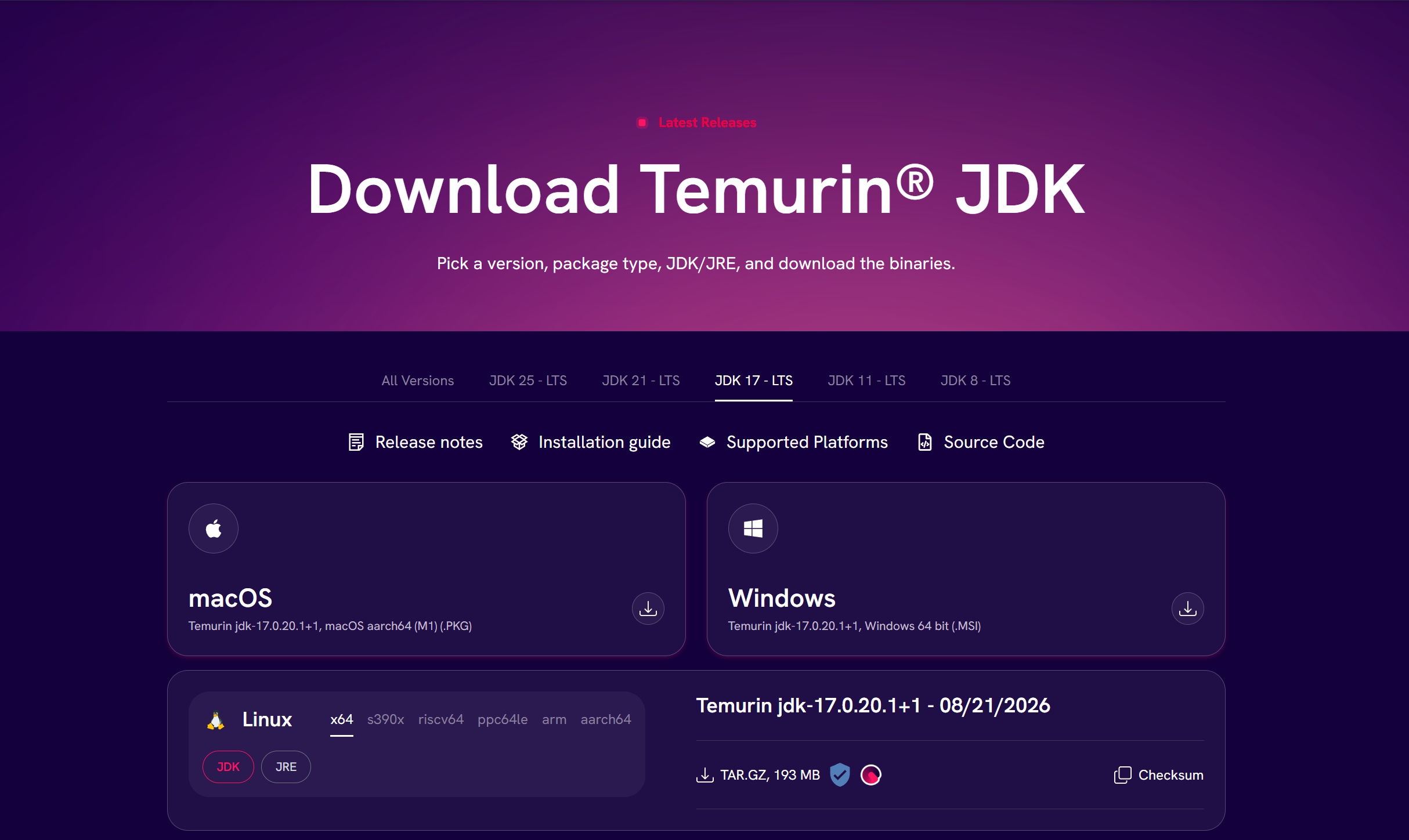 Eclipse Temurin JDK 17 Windows 다운로드 페이지