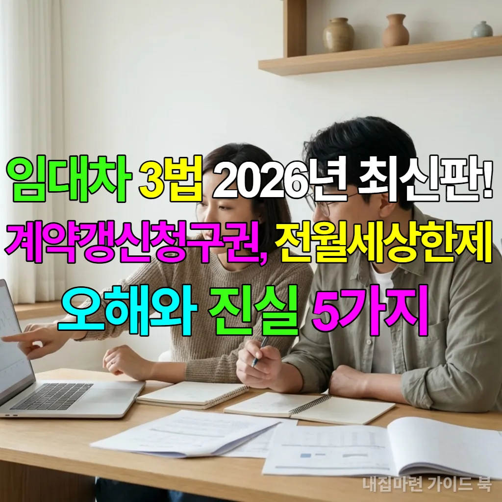 한국인 부부가 아파트 거실에서 임대차 계약 서류를 보며 진지하게 이야기하는 모습