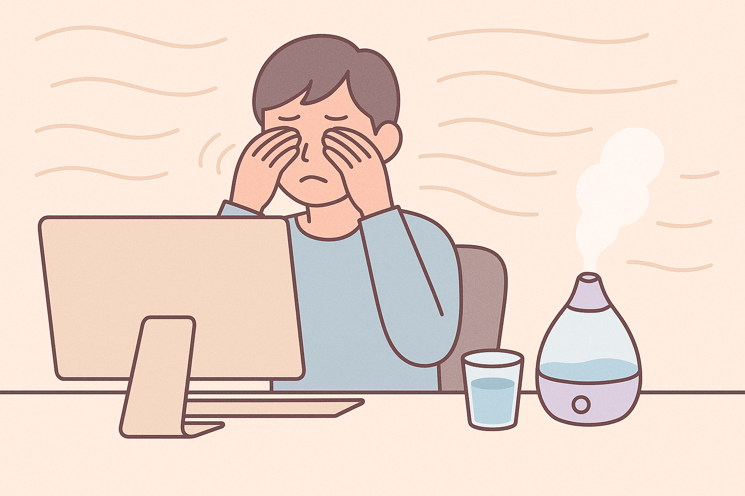 컴퓨터 모니터 앞에서 눈이 아픈 남성