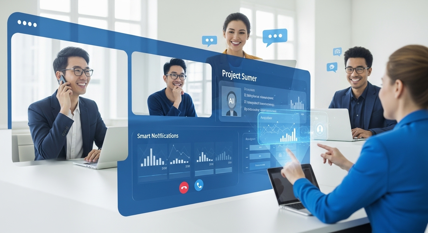 AI가 회의 요약 및 프로젝트 관리를 지원하는 하이브리드 팀의 협업 장면