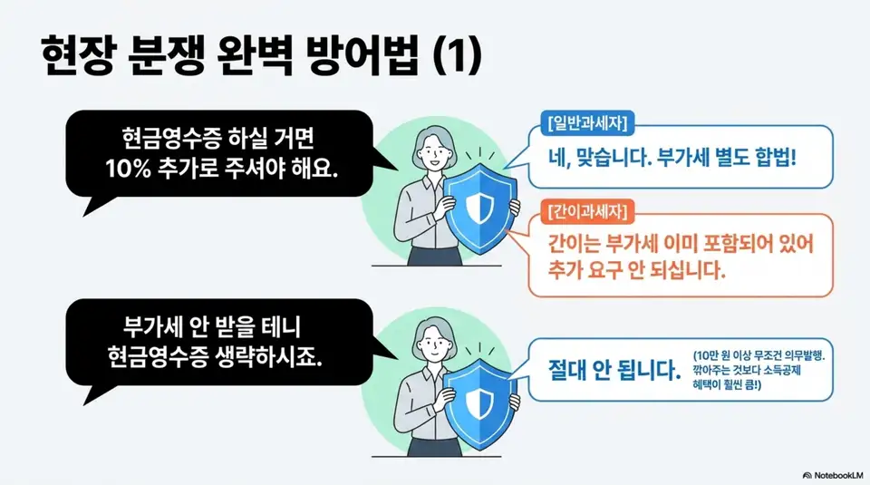 복비 현금영수증 분쟁: '현금영수증 하실 거면 10% 추가'와 '부가세 안 받을 테니 현금영수증 생략하죠'라는 현장 분쟁 2가지에 대해 일반과세자와 간이과세자별 대응법을 방패 아이콘과 함께 설명한 인포그래픽 이미지. 이 이미지는 복비 부가세 및 현금영수증 관련 현장 분쟁 대응법과 관련된 내용을 설명함