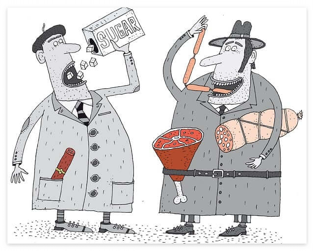 소세지와 고기를 먹고있는 두남자