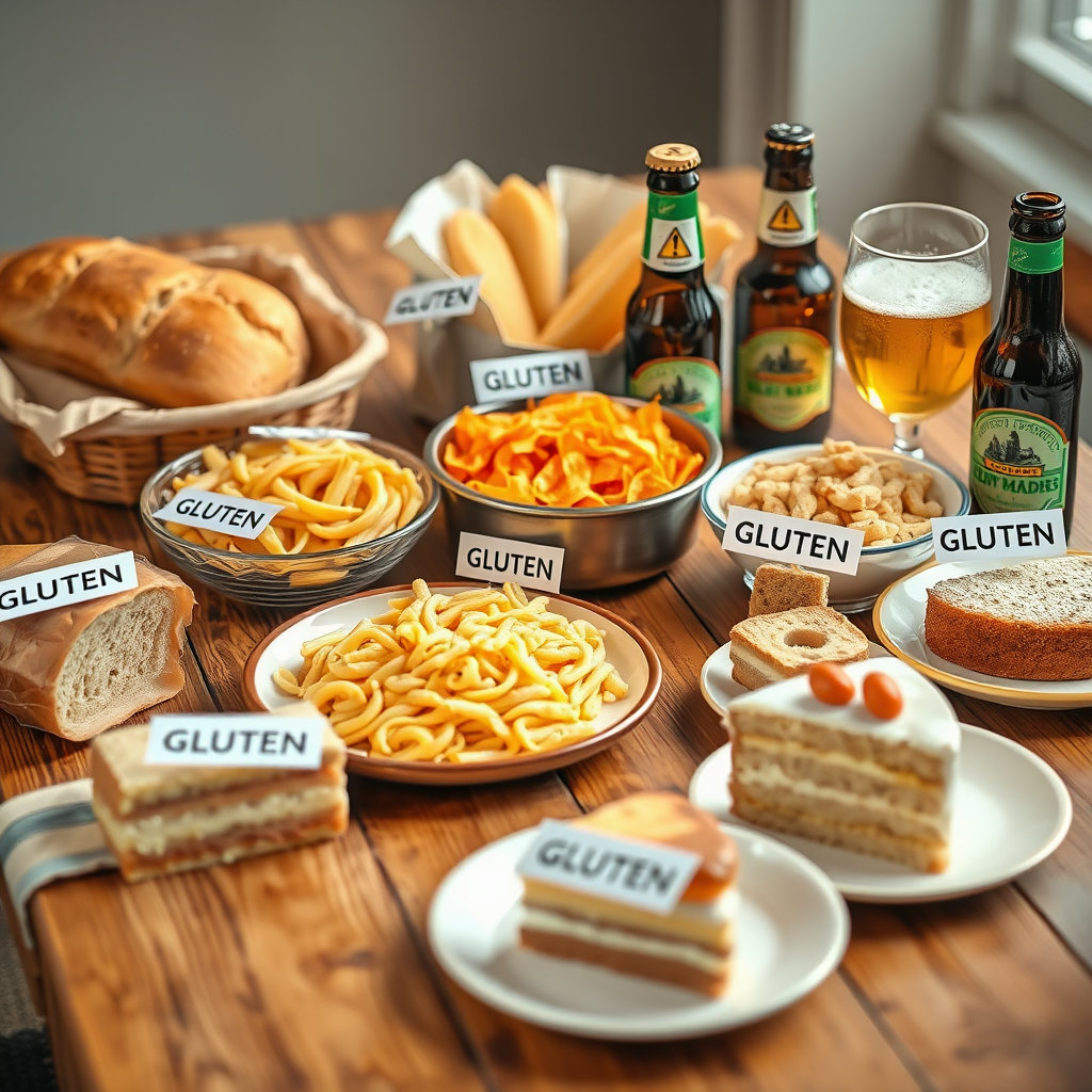 빵, 파스타, 맥주, 케이크 등 글루텐이 풍부한 식품들을 테이블에 놓여진 모습으로, 그 위에 'GLUTEN' 라벨이 붙어있거나 경고 표시가 있는 장면입니다.