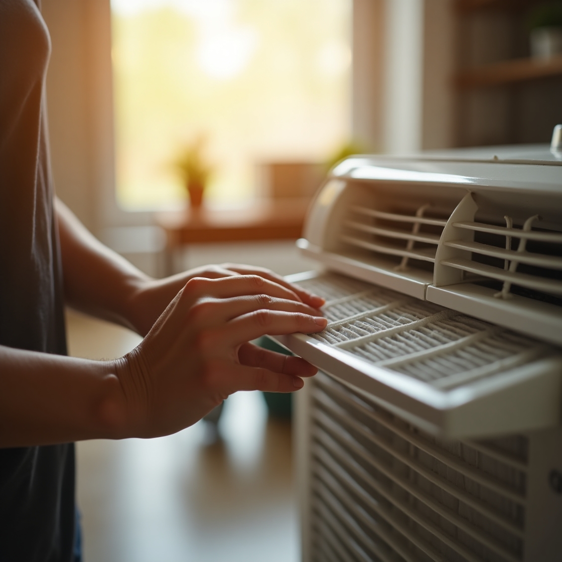 에어컨 필터를 분리하여 청소 중인 모습