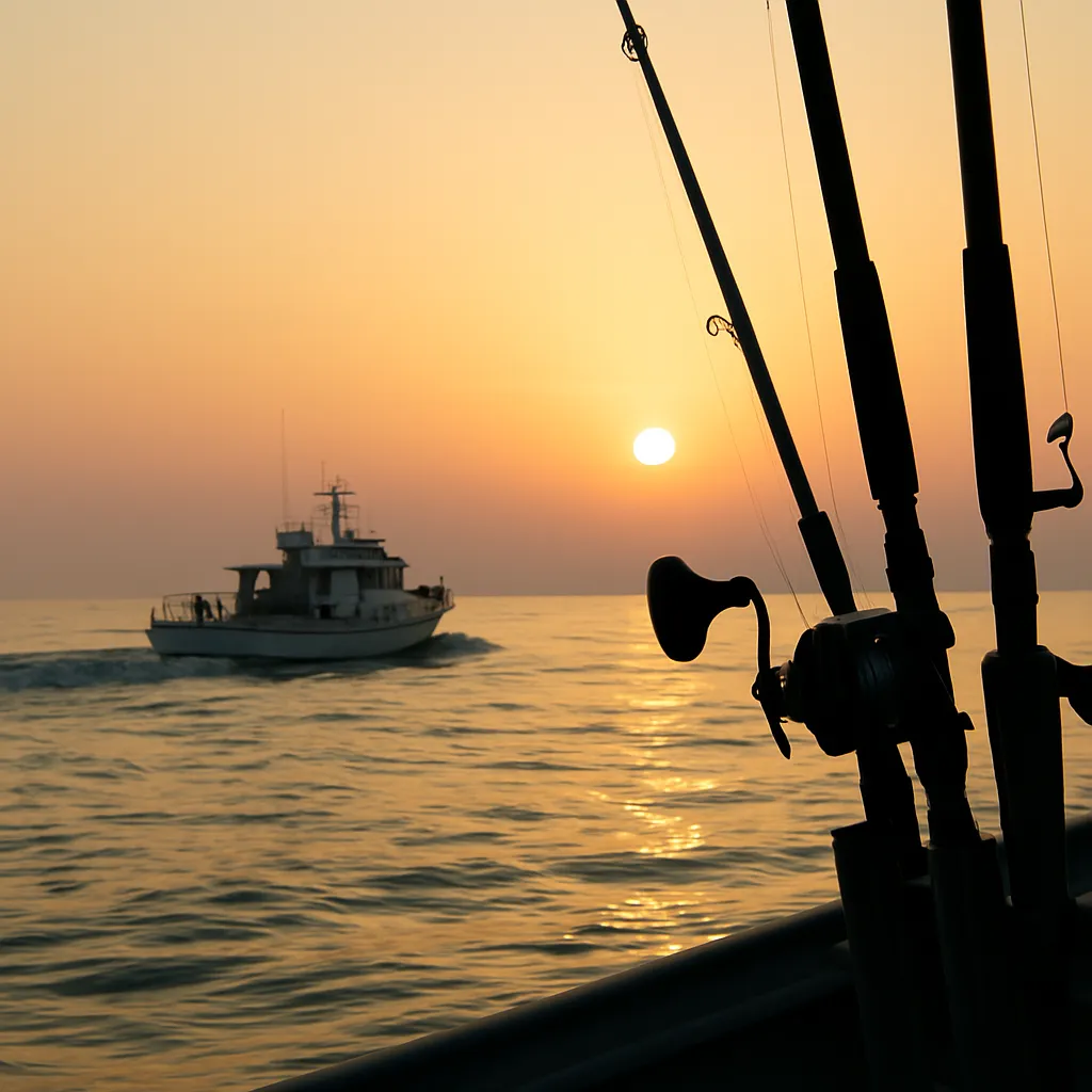 아침&amp;#44; 출항 중인 낚싯배와 바다 위 낚시 장비 실루엣