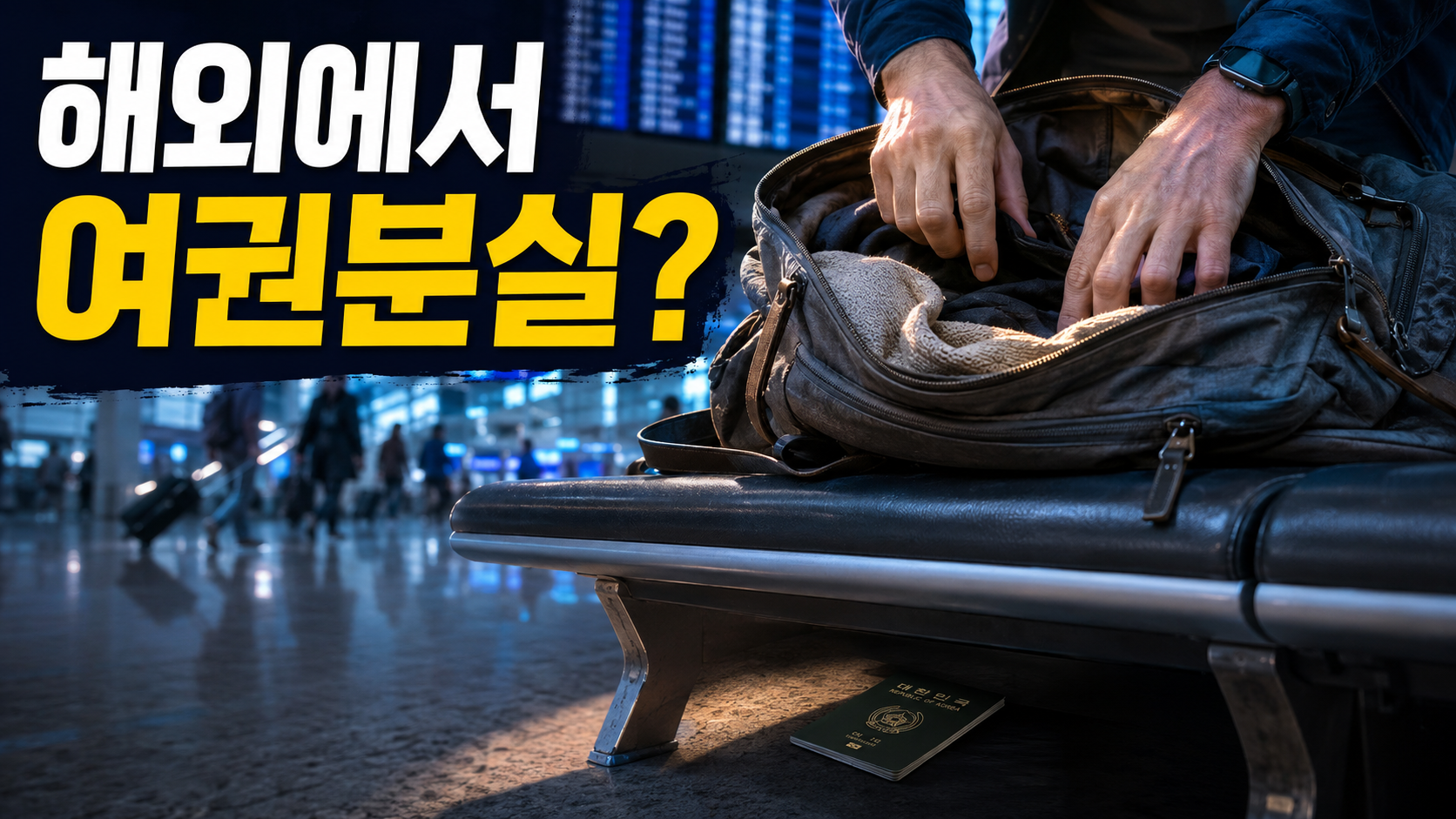 "해외여행 중 여권을 분실해 당황하며 가방을 확인하는 여행객"
