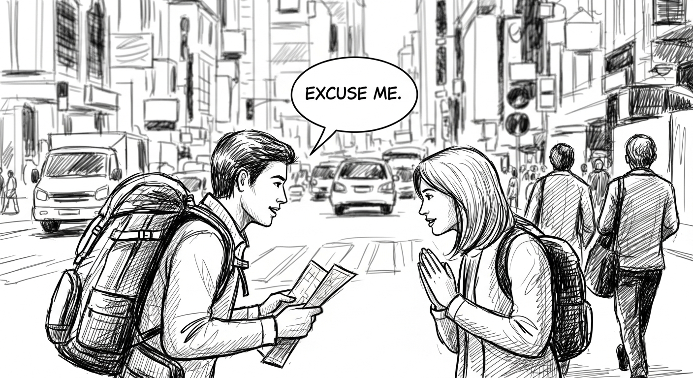 기본적인 길 묻기 영어 표현을 사용하는 여행자와 답변하는 현지인