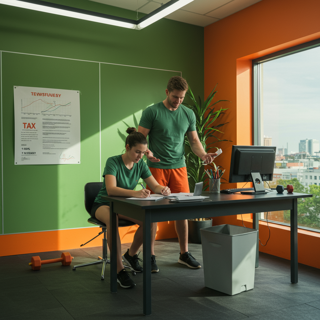 헬스장에서 PT를 받는 모습과 연말정산 서류, 계산기가 함께 있는 이미지로 운동비용의 세금공제 가능성을 나타내는 썸네일