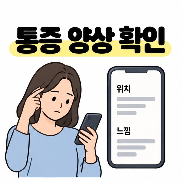 머리의 불편한 부위를 가리키며 휴대전화에 두통 위치와 통증의 느낌을 기록하는 모습