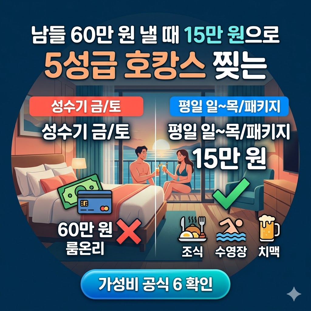 2026년 가성비 호캉스 공식 6가지를 소개하는 블로그 썸네일 이미지. 상단에 '남들 60만 원 낼 때 15만 원으로 5성급 호캉스 찢는'이라는 문구가 있고, 중앙을 기준으로 왼쪽에는 '성수기 금/토 60만 원 룸온리' 패턴에 붉은색 엑스표(X)가, 오른쪽에는 '평일 일~목/패키지 15만 원' 패턴에 초록색 체크표(✓)와 함께 조식, 수영장, 치맥 아이콘이 대조되어 표현된 중앙 집중식 인포그래픽 디자인.