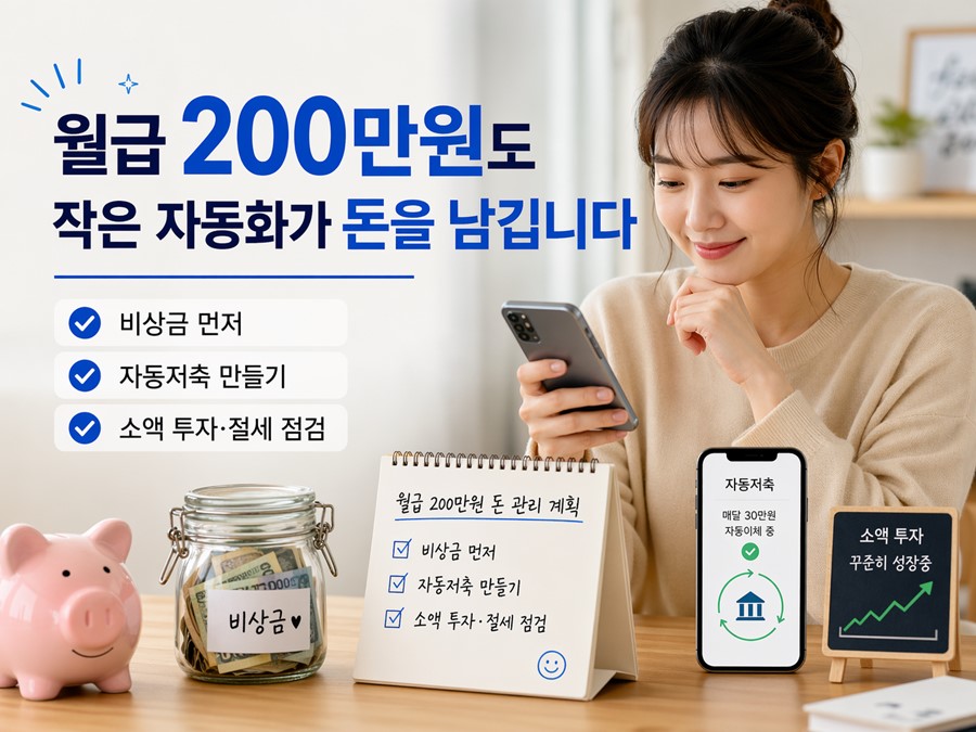 월급 200만원으로 비상금을 먼저 만들고 자동저축을 설정하며 소액 투자와 절세 항목을 점검하는 재테크 방법을 보여주는 이미지입니다.