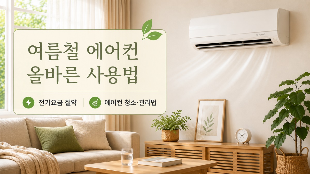 여름철 에어컨 올바른 사용법, 전기요금 절약과 에어컨 청소·관리법을 안내하는 이미지