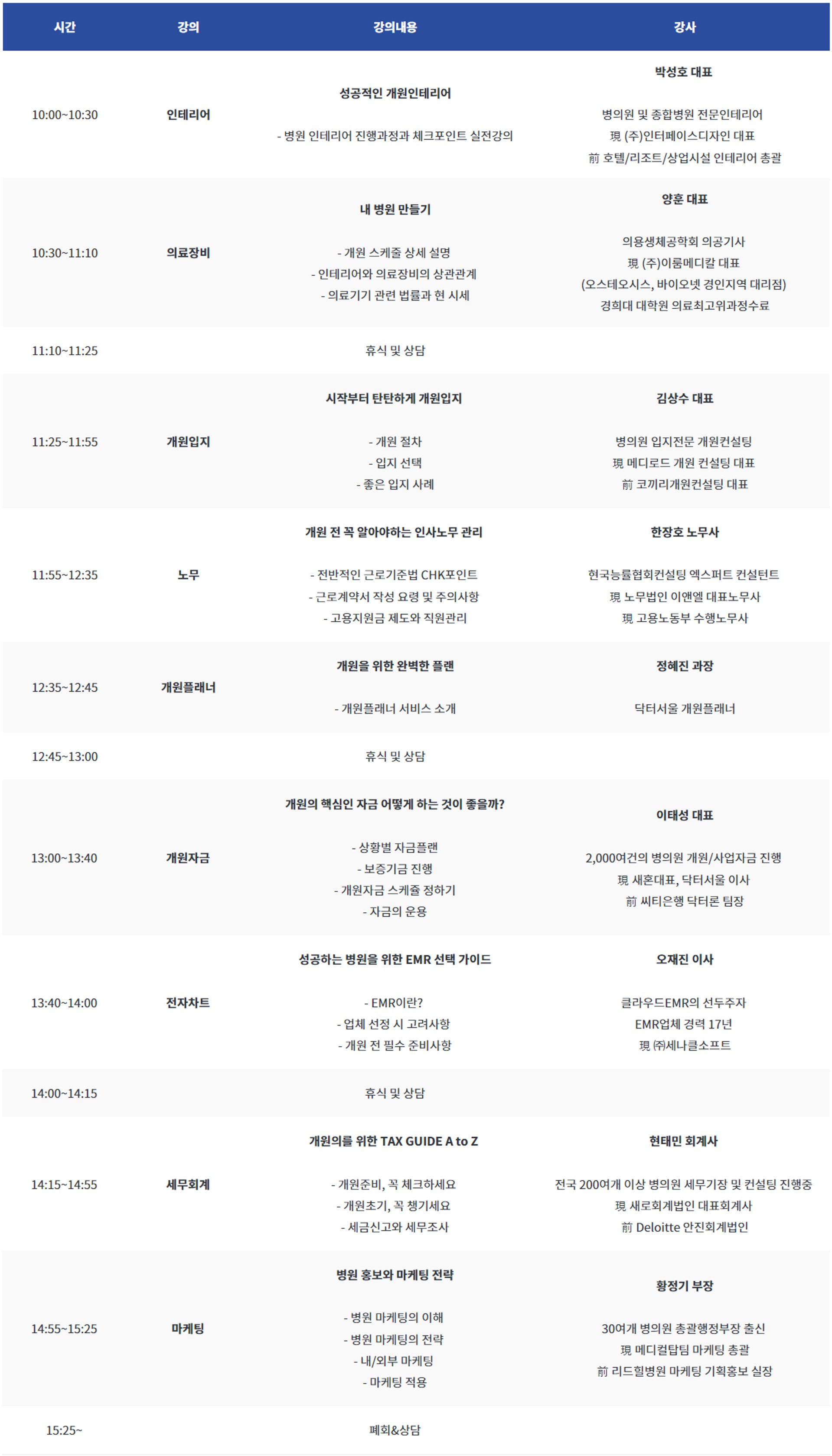 닥터서울 개원세미나 시간표