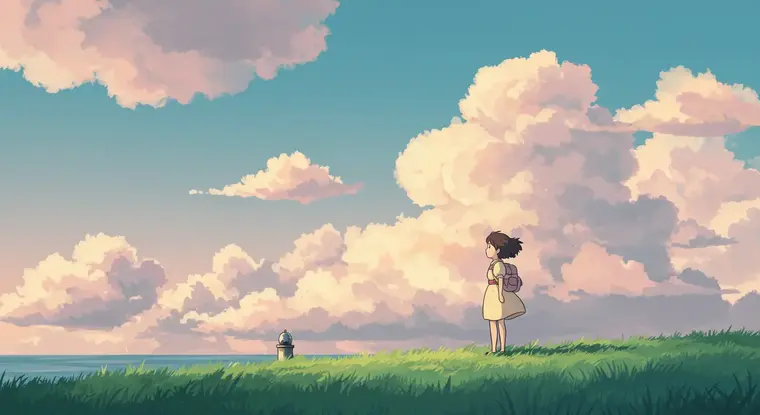 지브리 스타일로 표현된 일러스트 이미지. 하늘 아래 들판에 서 있는 소녀와 등대