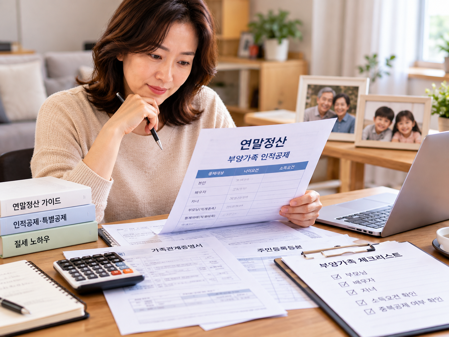 연말정산 서류를 펼쳐놓고 부모님과 자녀의 부양가족 공제 조건을 확인하는 40대 직장인