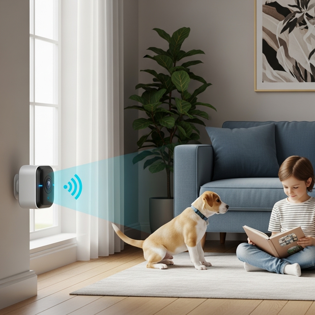 편안하고 안전해 보이는 거실에서 작동 중인 현대적인 홈캠이 반려동물과 아이를 비추는 모습. 스마트한 가정 보안을 상징합니다.