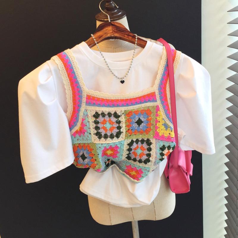 색종이 사각 패턴 뜨개 짜임 크롭 뷔스티에 여름 니트 조끼베스트