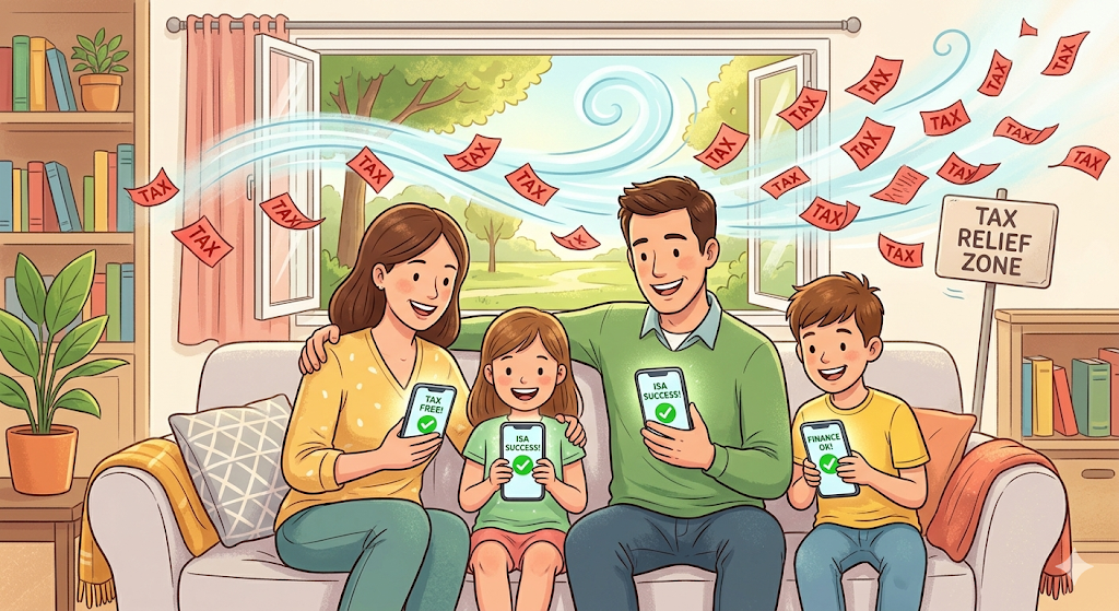 가족들이 각자의 스마트폰으로 ISA 계좌를 확인하며 웃고 있고, 그 뒤로 세금 고지서가 날아가는 그래픽