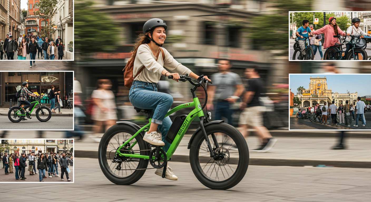 전기 자전거를 타고 있는 여성