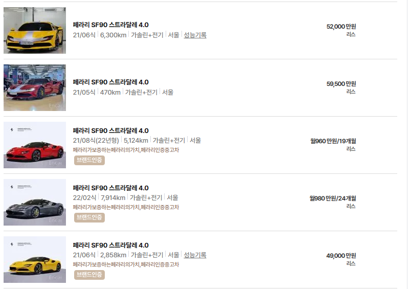 페라리 SF90 중고차 가격 시세표 유지비