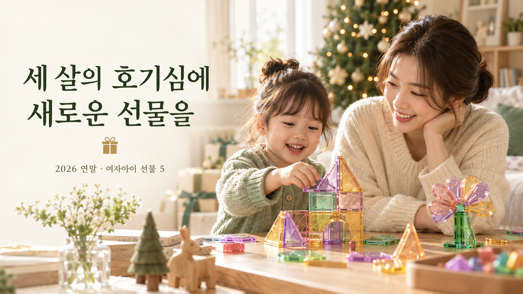 따뜻한 연말 실내에서 엄마와 세 살 여자아이가 조립 놀이를 하는 대표 이미지
