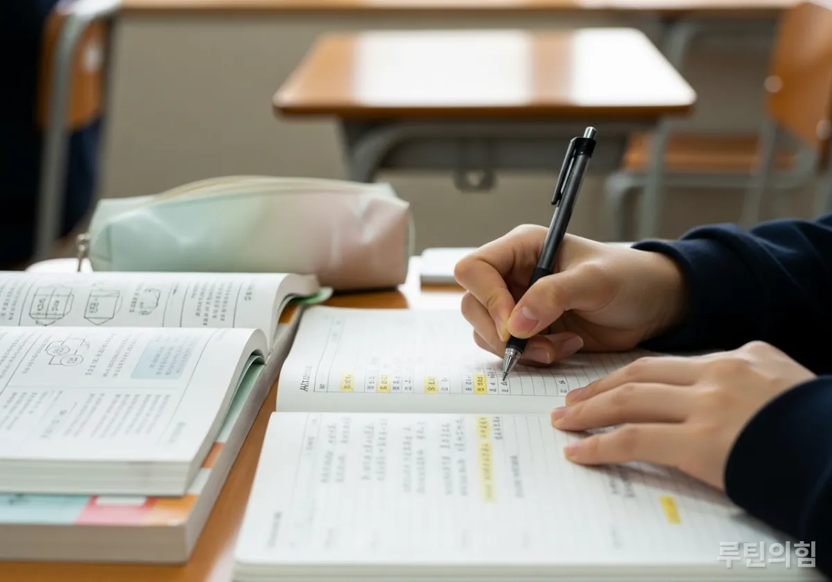 쉬는 시간에 플래너에 꼼꼼하게 메모를 하며 시간을 관리하는 한국 고등학생의 손 클로즈업