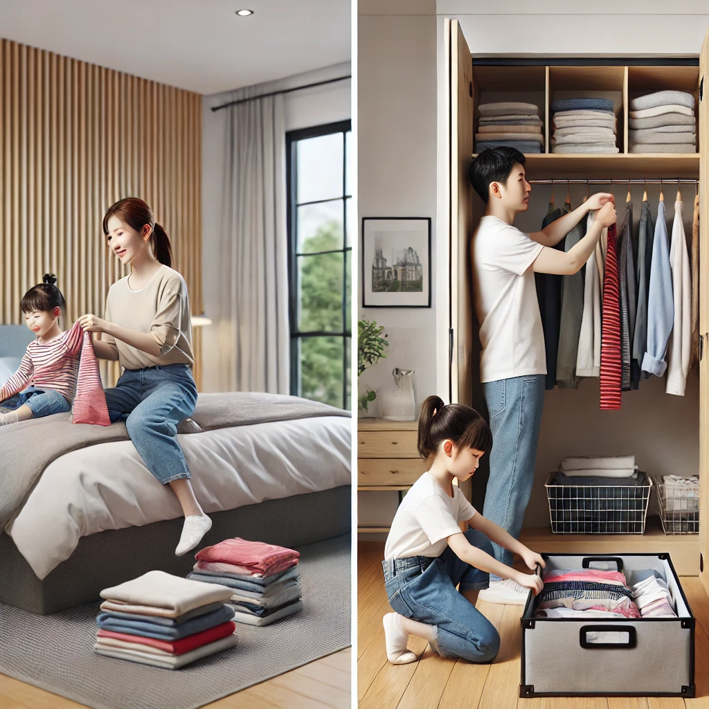 어머니와 딸이 침실에서 함께 옷을 정리하는 장면. 어머니는 침대 위에서 옷을 개고 있으며&amp;#44; 딸은 옷을 옷장에 넣고 있습니다. 방은 밝고 깔끔하게 꾸며져 있습니다