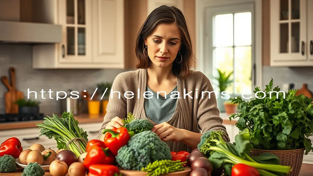 따뜻하고 편안한 분위기의 주방에서 자연광이 부드럽게 내려앉는 모습, 30대 여성이 건강한 식재료 파프리카, 양파, 브로콜리, 녹색채소, 등을 손질하며 힘들어 하는 모습.