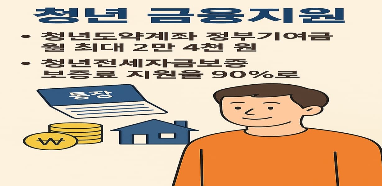 "2025년 청년 금융지원 정책 안내 이미지, 청년도약계좌와 전세자금보증 내용 포함"