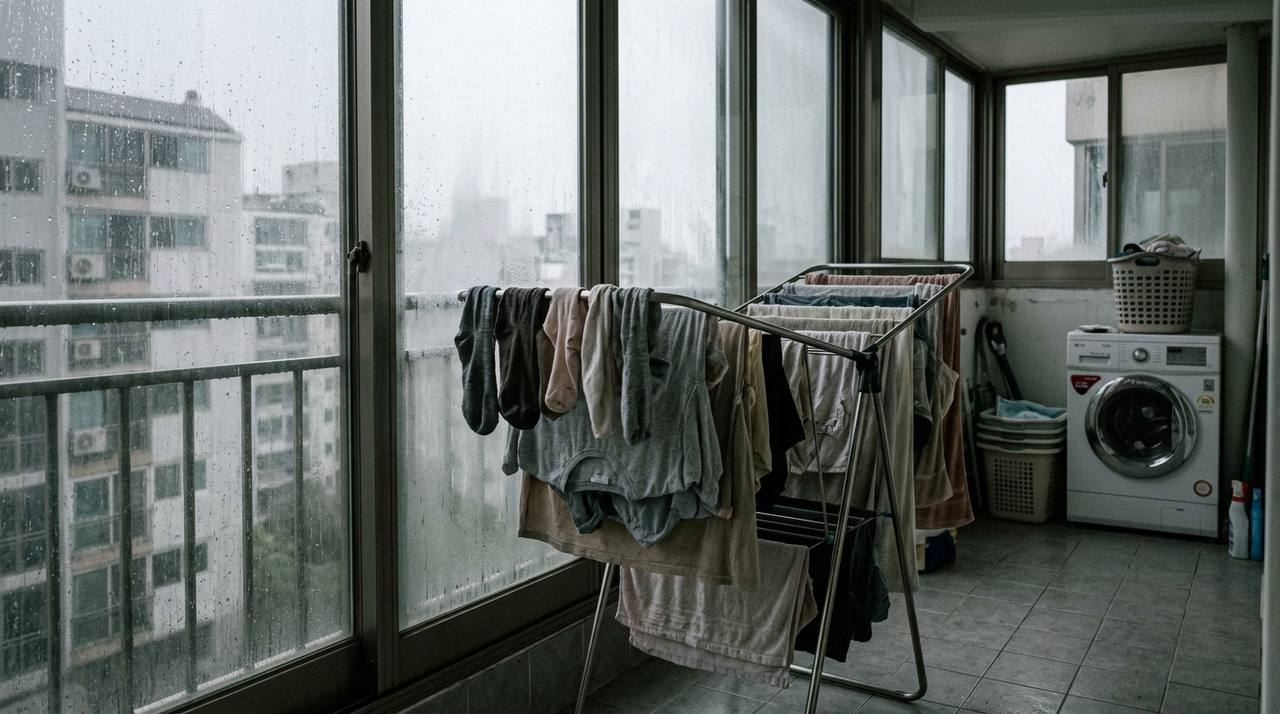 장마철 실내 건조로 빨래 냄새가 심해지는 문제 상황
