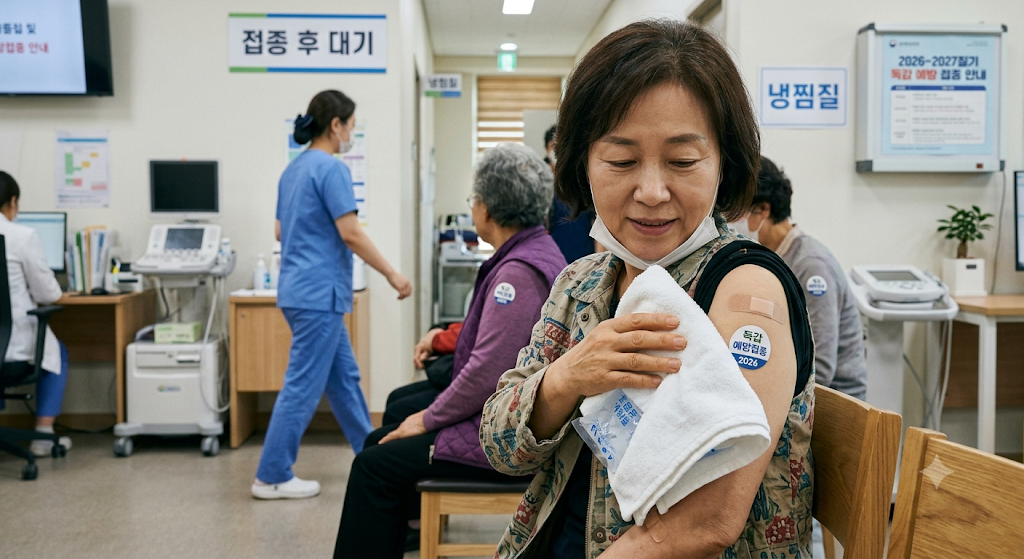 접종 부위에 찬 수건을 대고 있는 중년 여성