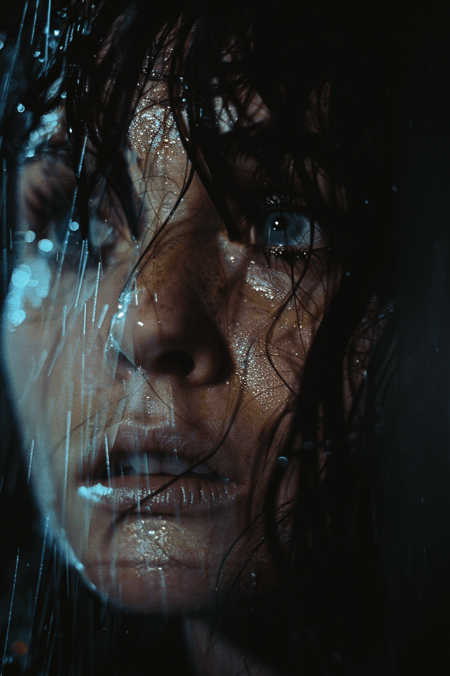 비를-맞고-있는-여성의-얼굴-클로즈업-장면