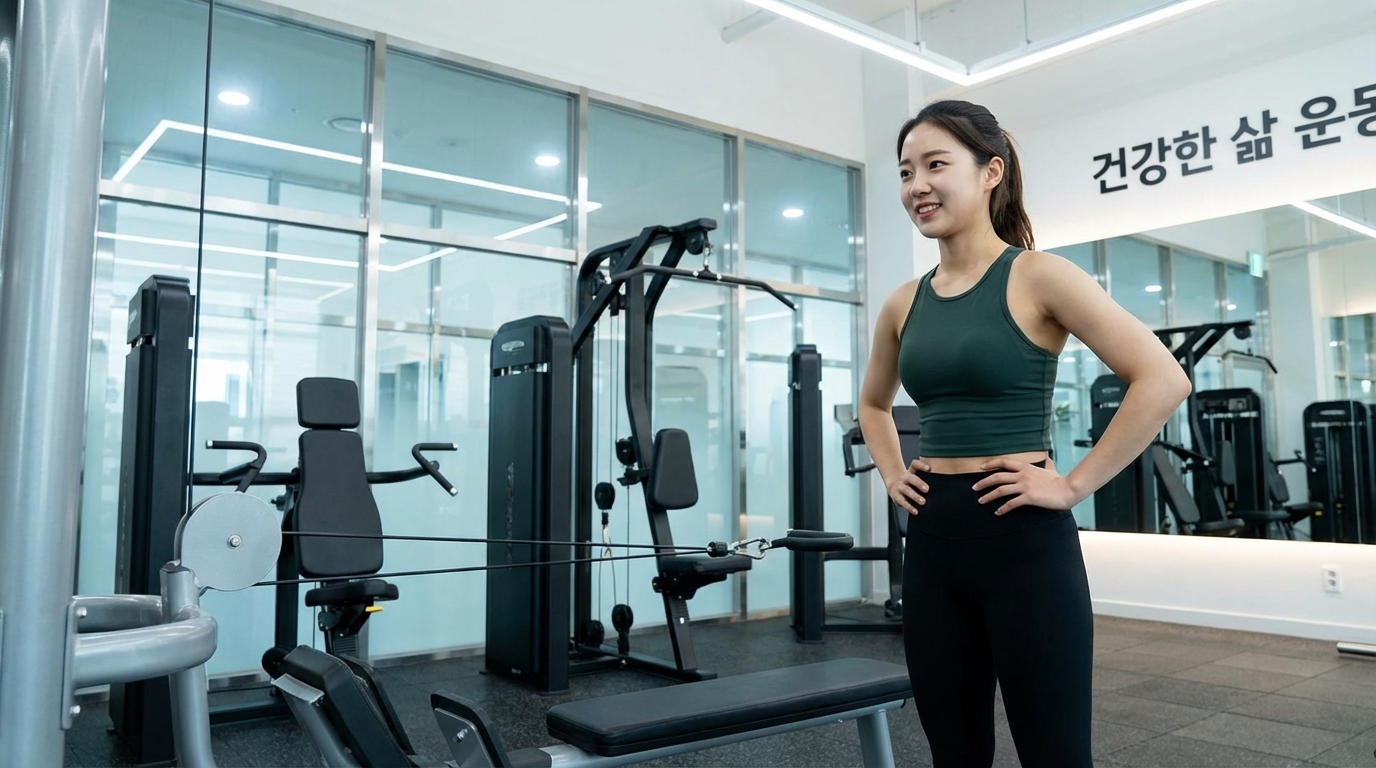 헬스장에서 기구 사용법을 익히며 자신감 있게 다이어트 운동을 시작하는 한국 여성의 모습