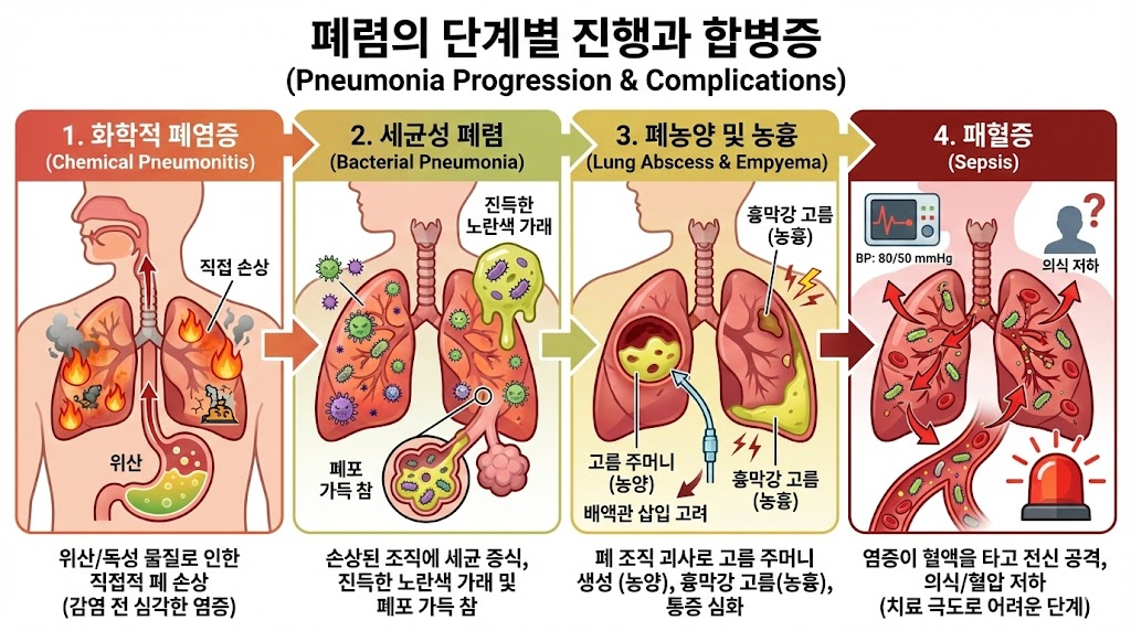 폐렴의 4단계 진행 과정. 1단계 화학적 폐염증(위산 손상), 2단계 세균성 폐렴, 3단계 폐농양 및 농흉(고름 주머니), 4단계 패혈증(전신 공격 및 의식 저하) 합병증 설명