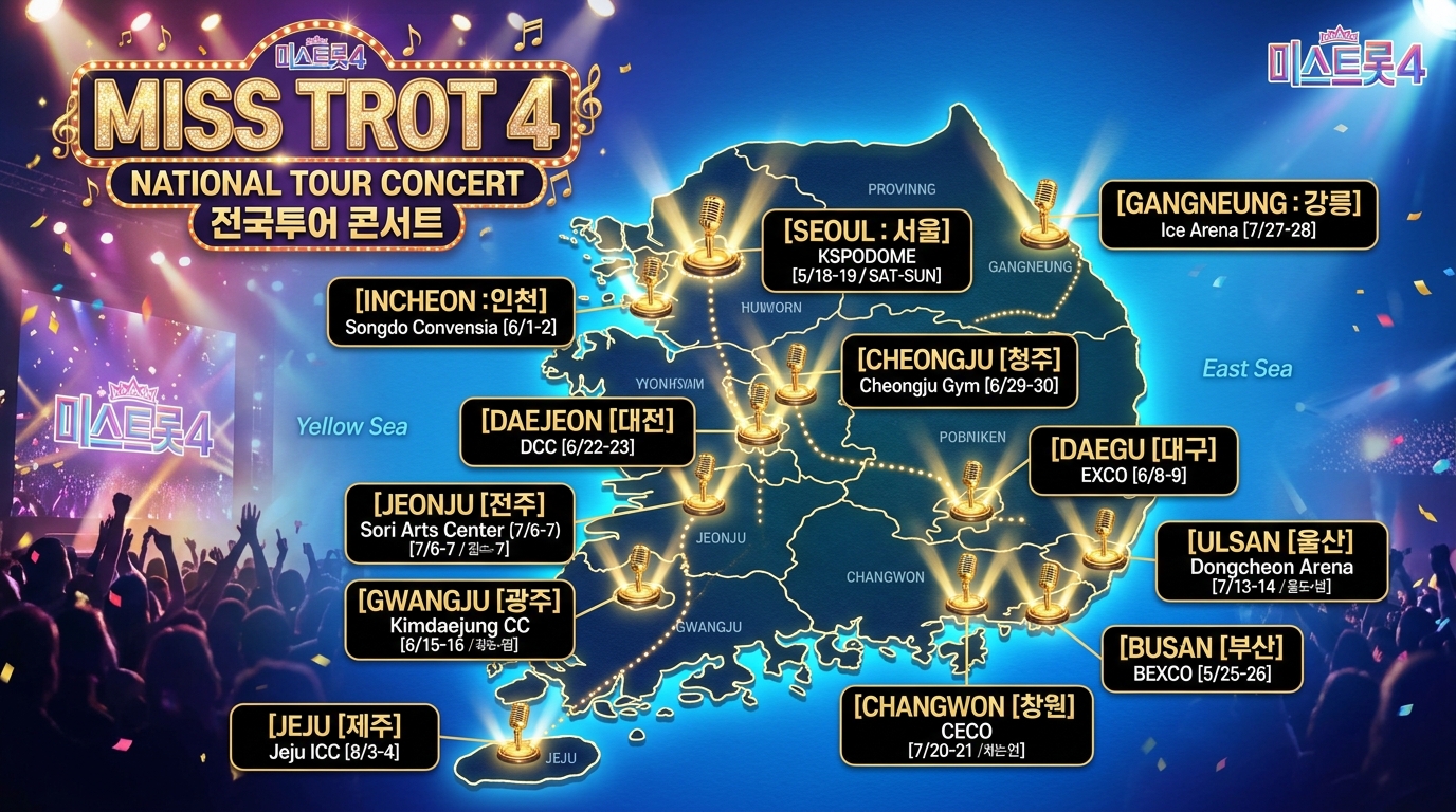 대한민국 지도에 표시된 미스트롯4 전국 투어 콘서트 개최 도시와 일자 정보