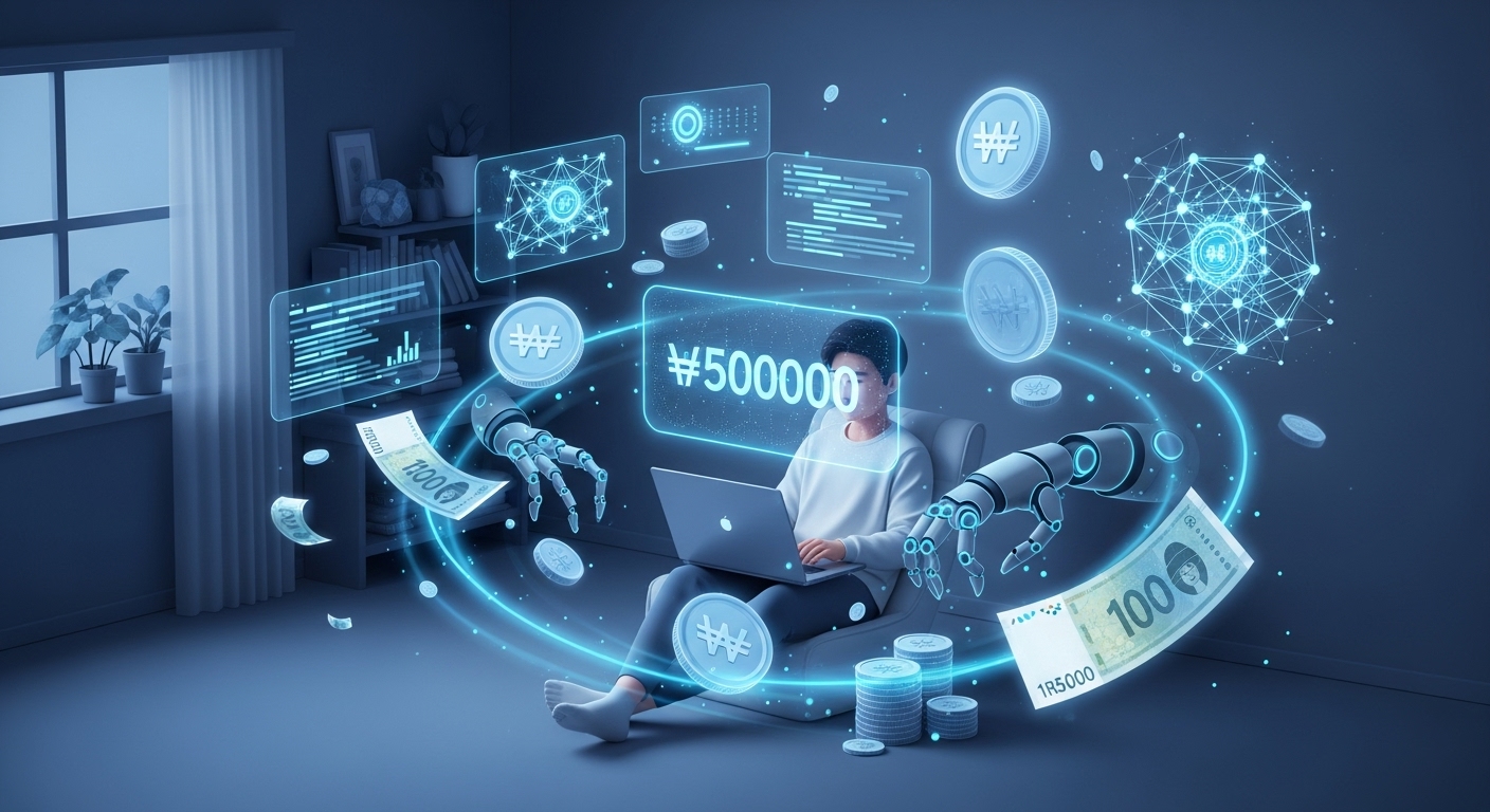 집에서 AI 도구를 활용하여 부업으로 월 100만원을 버는 모습을 상징하는 현대적이고 희망찬 이미지