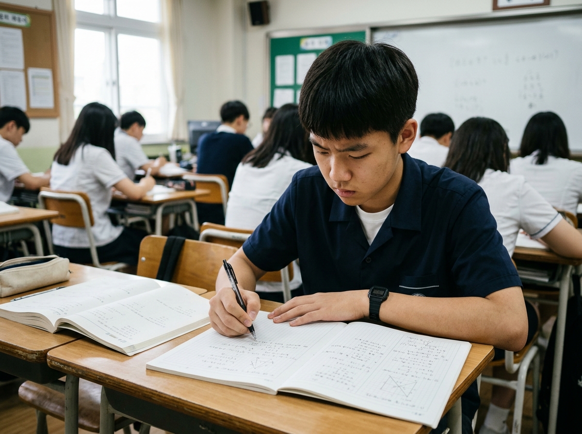 고등학생이 수학 문제 풀이 과정을 기록하는 모습