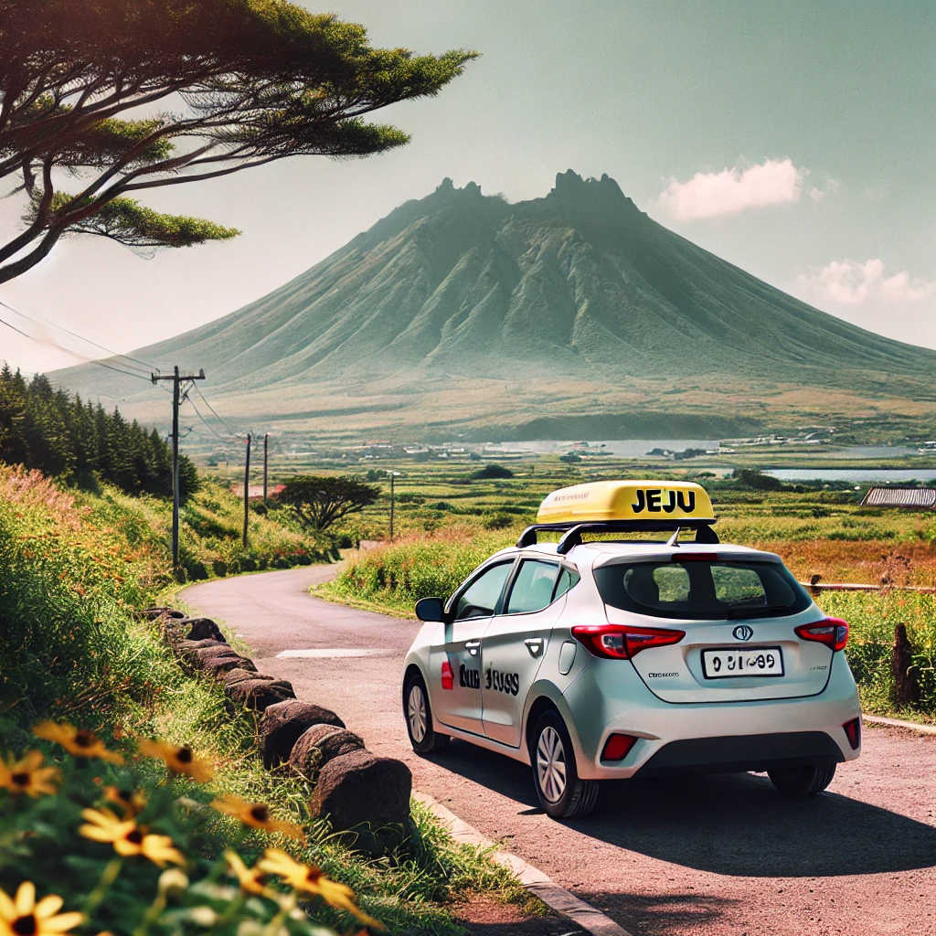 제주도의 상징적인 한라산 근처에 주차된 렌트카, 푸른 초목과 맑은 날씨가 어우러진 풍경.