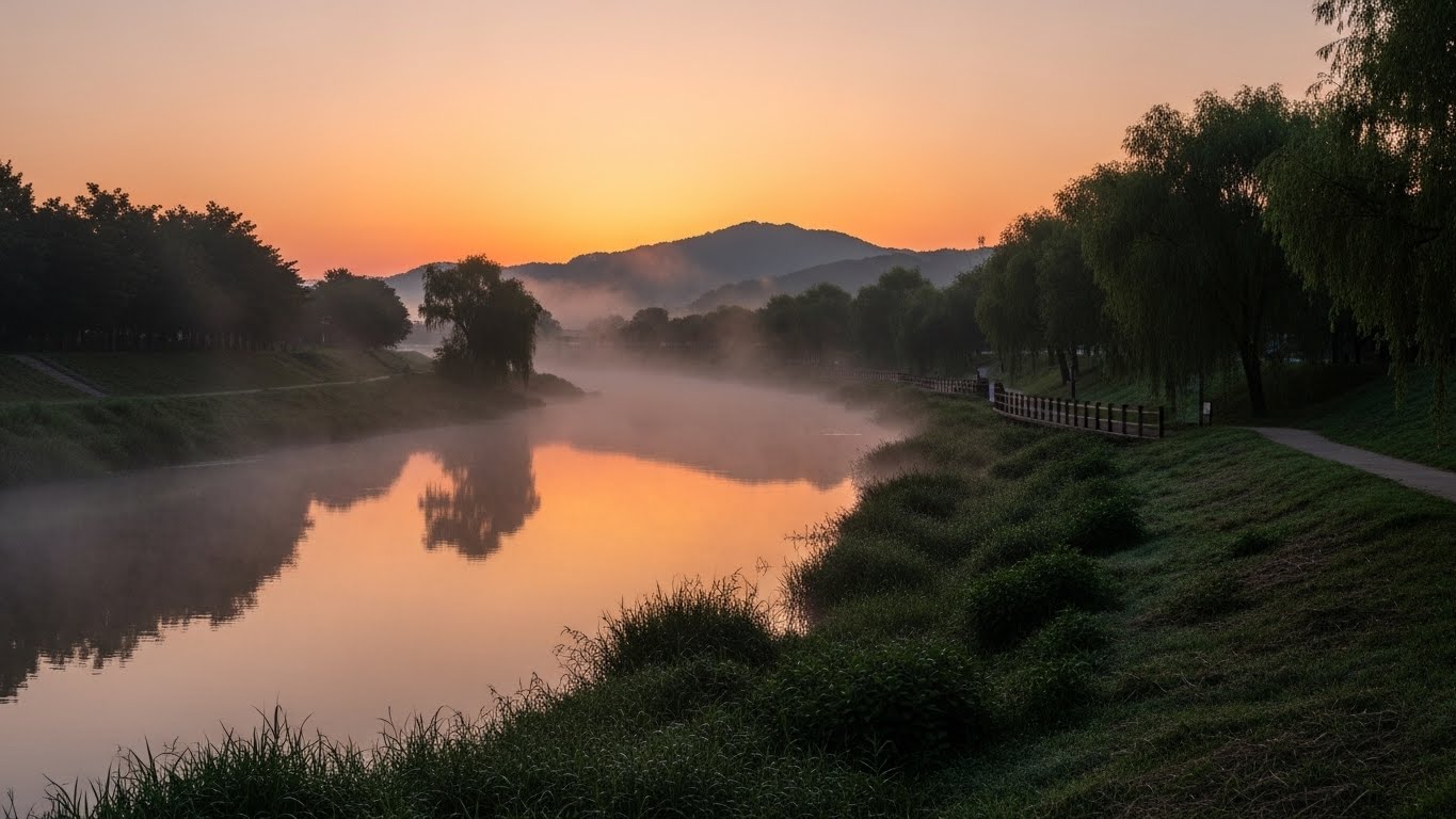남양주 물의정원에서 물안개와 함께 떠오르는 고요하고 아름다운 북한강 일출