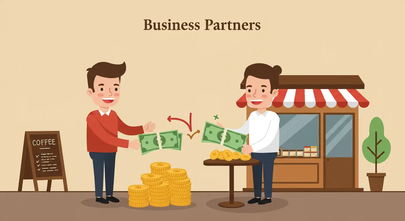카페 동업자들이 수익금을 나누는 모습으로 배당금의 원리를 비유한 그림