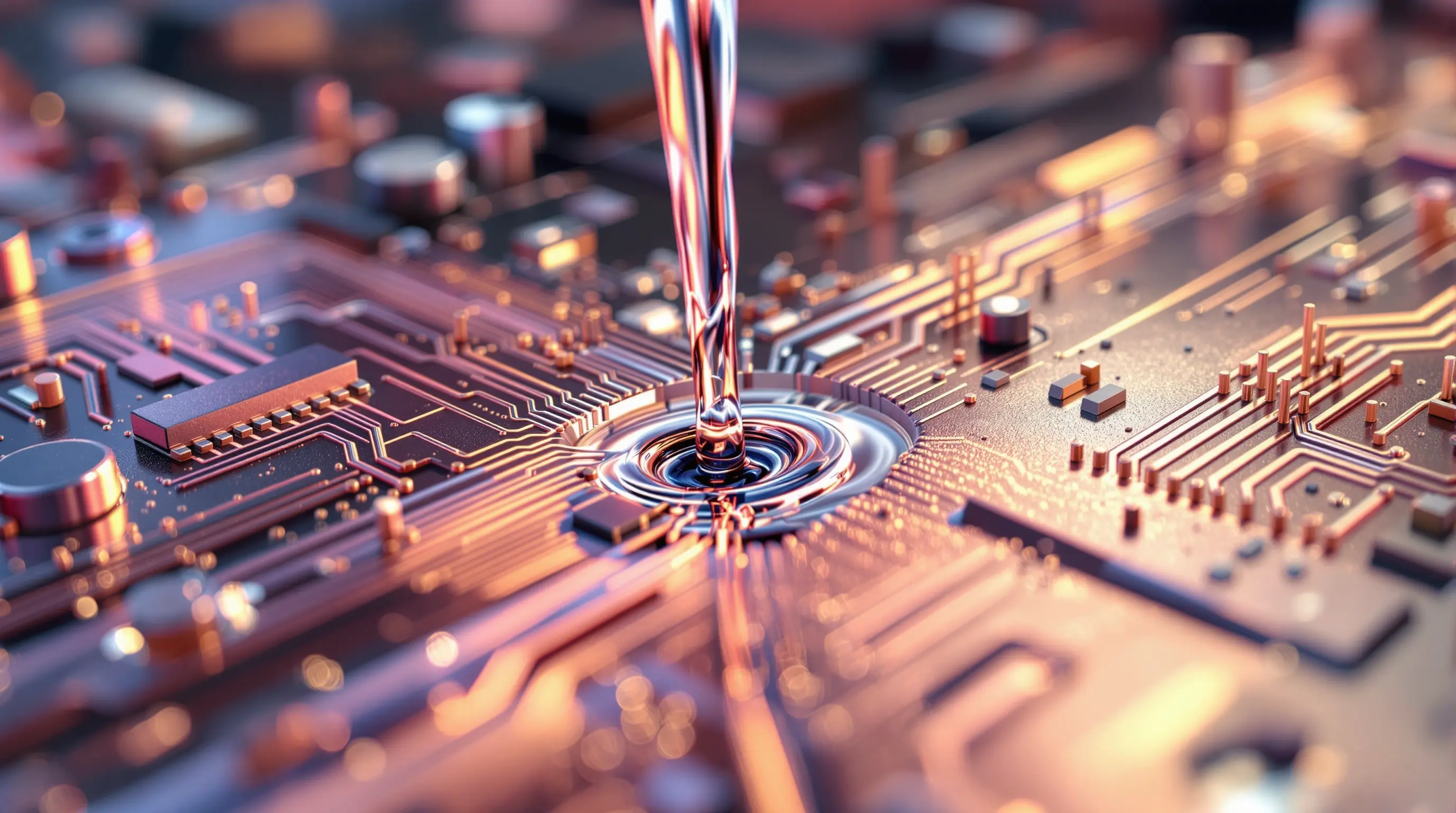 갈륨 액체금속이 미세균열이 생긴 전자회로 틈으로 자연스럽게 흘러들어가 전기적 연결을 복구하는 과정을 보여주는 기술 개념도 이미지