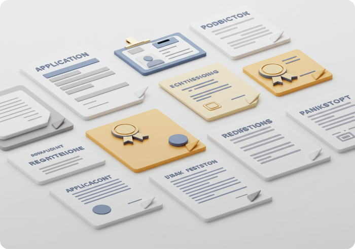 신청서부터 통장사본까지 중장년 경력지원제 신청에 필요한 6가지 서류를 보여주는 3D 아이콘 세트