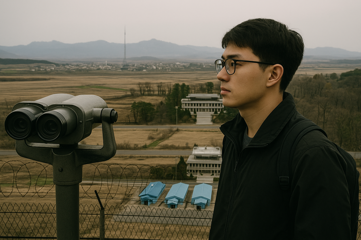 도라산 전망대에서 젊은 남성이 망원경 옆에 서서 판문점과 북한 마을을 진지하게 바라보고 있다