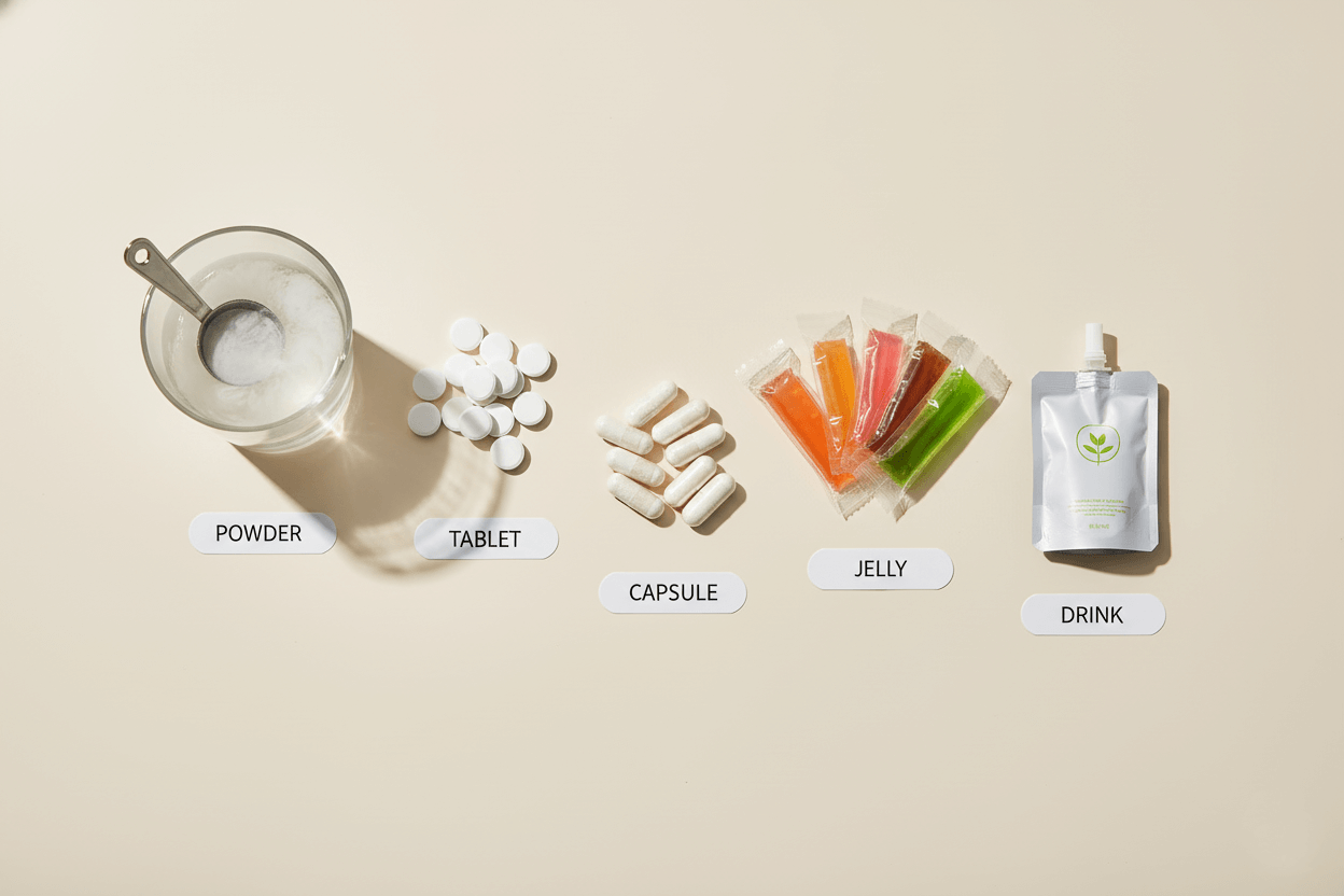 밝은 배경 위에 파우더, 정제, 캡슐, 젤리, 음료 등 다양한 식이섬유 보충제가 타입별로 나뉘어 놓여 있고 각 형태의 장단점을 한눈에 비교할 수 있는 인포그래픽 이미지