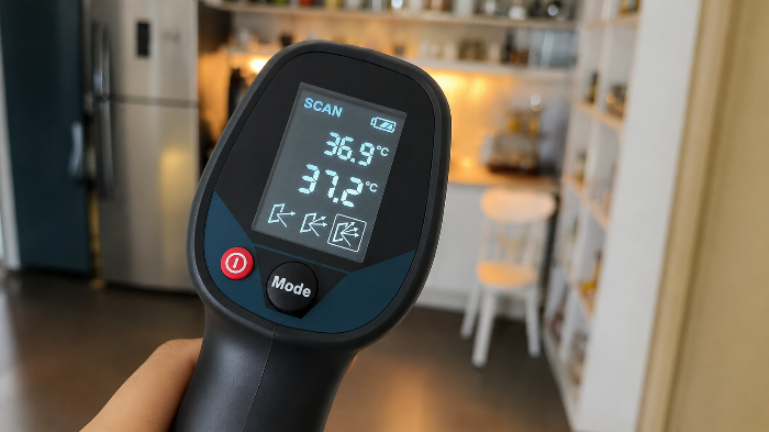 손에 들고 있는 적외선 온도계 화면에 실내 온도 37.2℃와 표면 온도 36.9℃가 표시되어 있으며, 에어컨을 켜지 않은 카페 내부의 폭염 상황을 보여주는 사진.