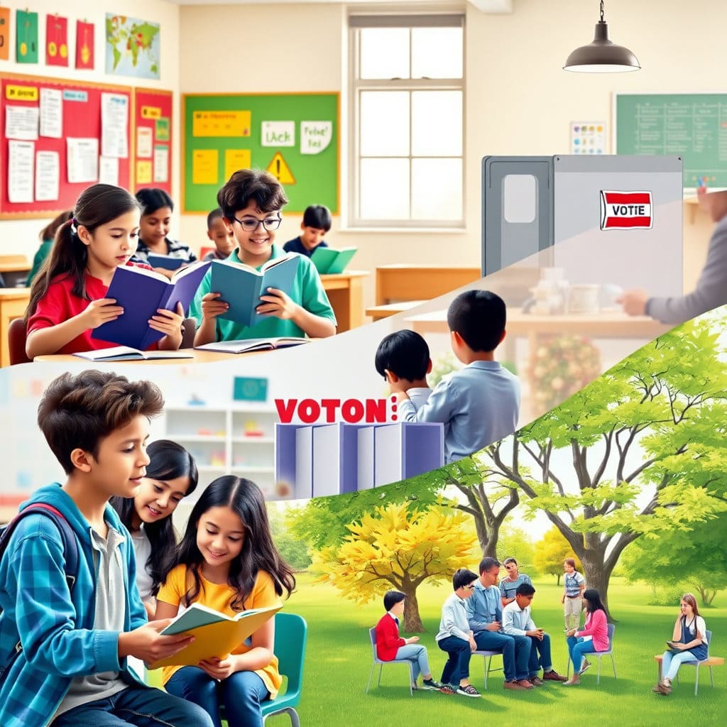 교실에서 책을 보거나 발표하는 학생들의 모습과, 그들이 투표소에서 투표하거나, 평화로운 시민 활동에 참여하거나, 지역사회 문제 해결을 위해 의견을 나누는 모습이 자연스럽게 전환되거나 연결되는 이미지입니다. 교육이 단순히 지식 습득을 넘어 실제 사회 참여와 행동으로 이어지는 과정을 동적으로 표현합니다. 희망적이고 역동적인 느낌을 줍니다.