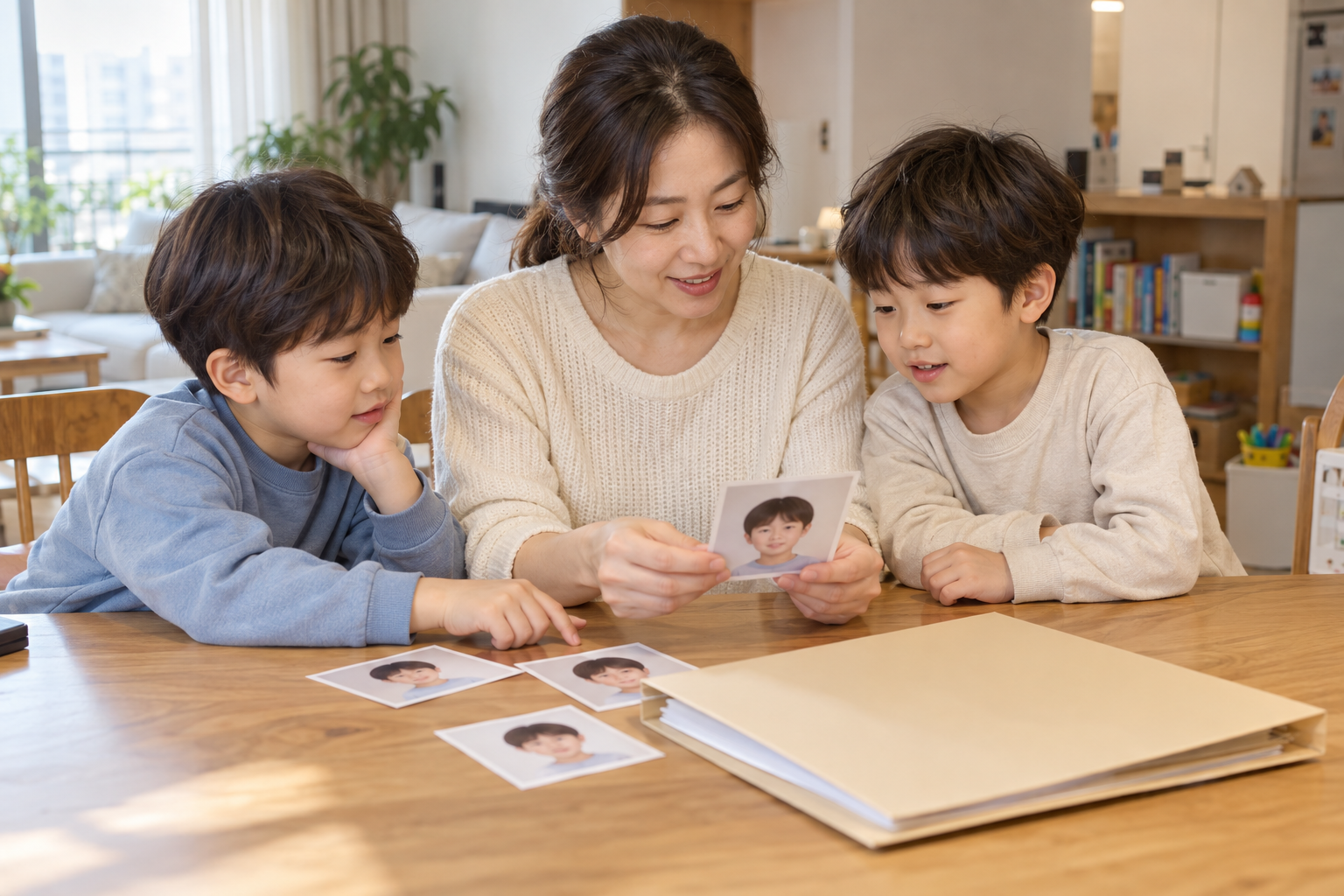 아이 지문 사전등록을 준비하며 보호자가 두 아이의 최근 사진을 확인하는 장면 예시