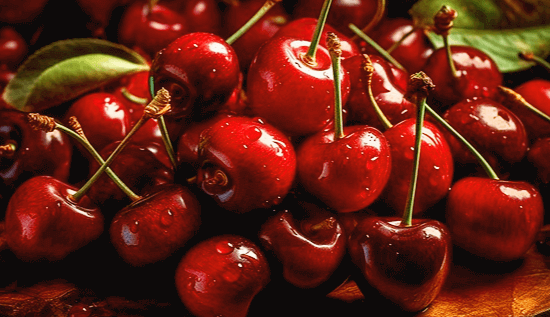 작고 동그란 빨간색 체리들이 가득하다. 투명한 물방울들이 표면에 가득하다.