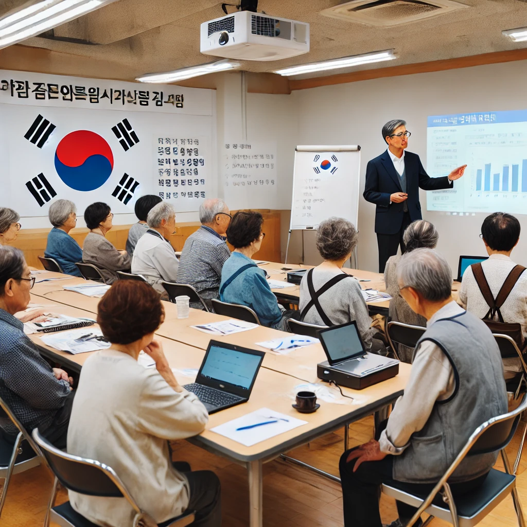 한국노인인력개발원에서 진행된 워크숍에서 새로운 기술을 배우고 네트워킹하는 노년 한국인 그룹. 프로젝터, 화이트보드, 전문 자료가 구비된 실내 환경에서 활동 중인 모습