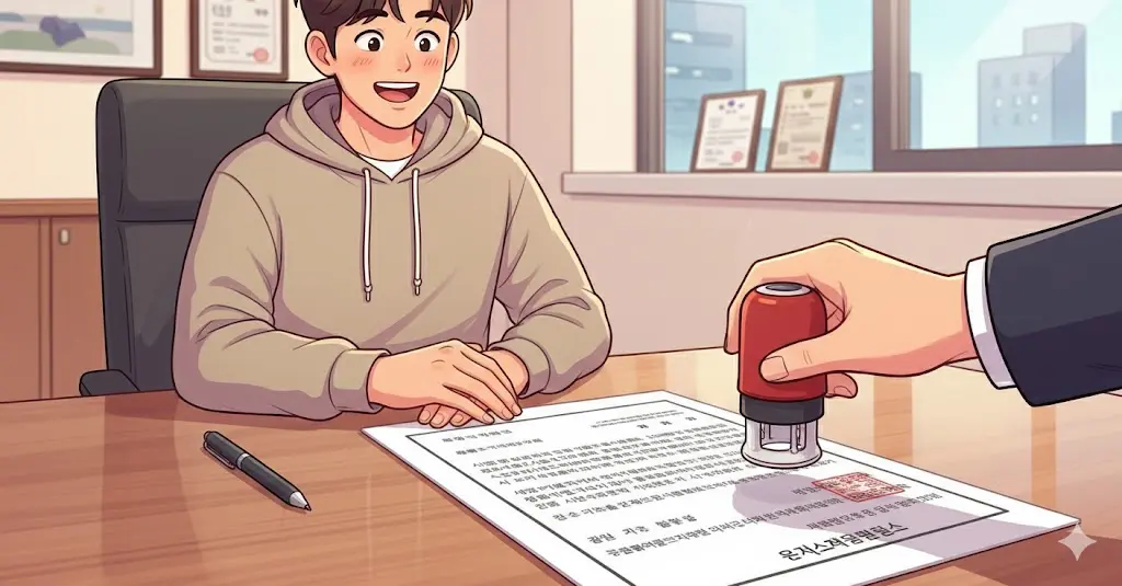 '부동산에서 계약서에 도장을 찍는 손과 웃고 있는 청년
